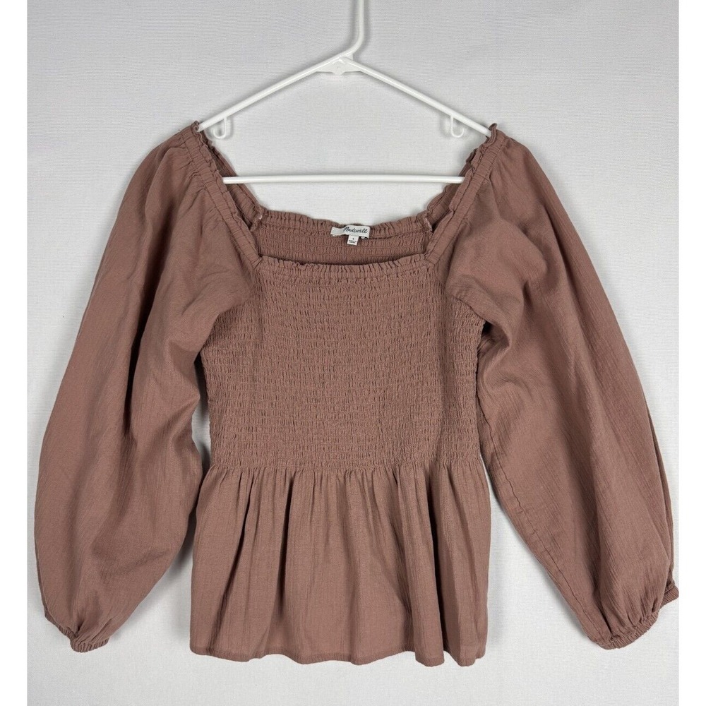Madewell Lucie Smoked Peplum Top Womens 4 Tan Balloon Sleeve Ruffle Blouse
